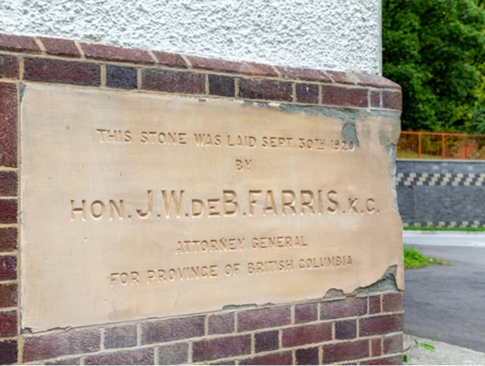 Riverview Heritage Valleyview cornerstone sign, which reads: "This stone was laid Sept 30th 1920 by Hon. J.W.Deb.Farris.X.C Attorney General for the province of British Columbia.