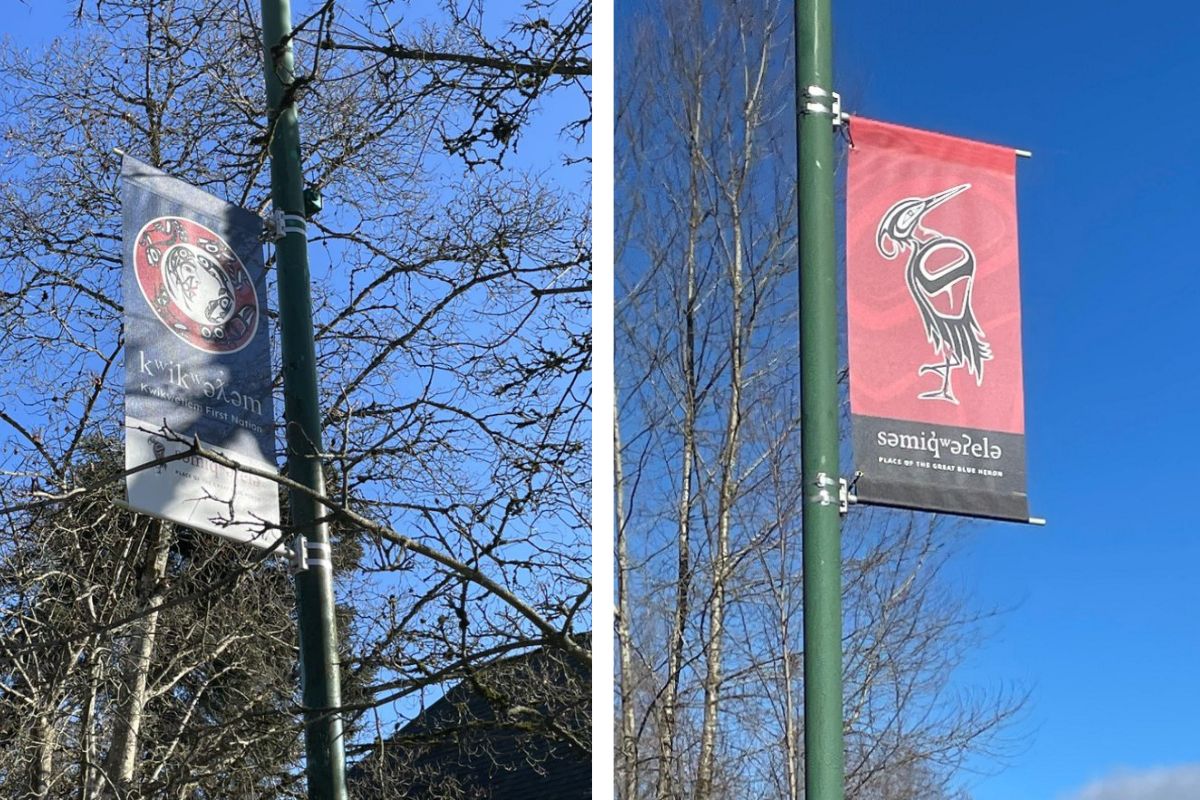 Two banners side-by-side showing two colourful, decorative banners banners banners: one banner has the emblem of the kʷikʷəƛ̓əm Nation; the second banner has the name səmiq̓ʷəʔelə